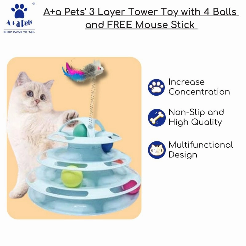A a Pets' Interactive 3-Layer Tower Toy for Cats with 4 Balls and Free Mouse Stick