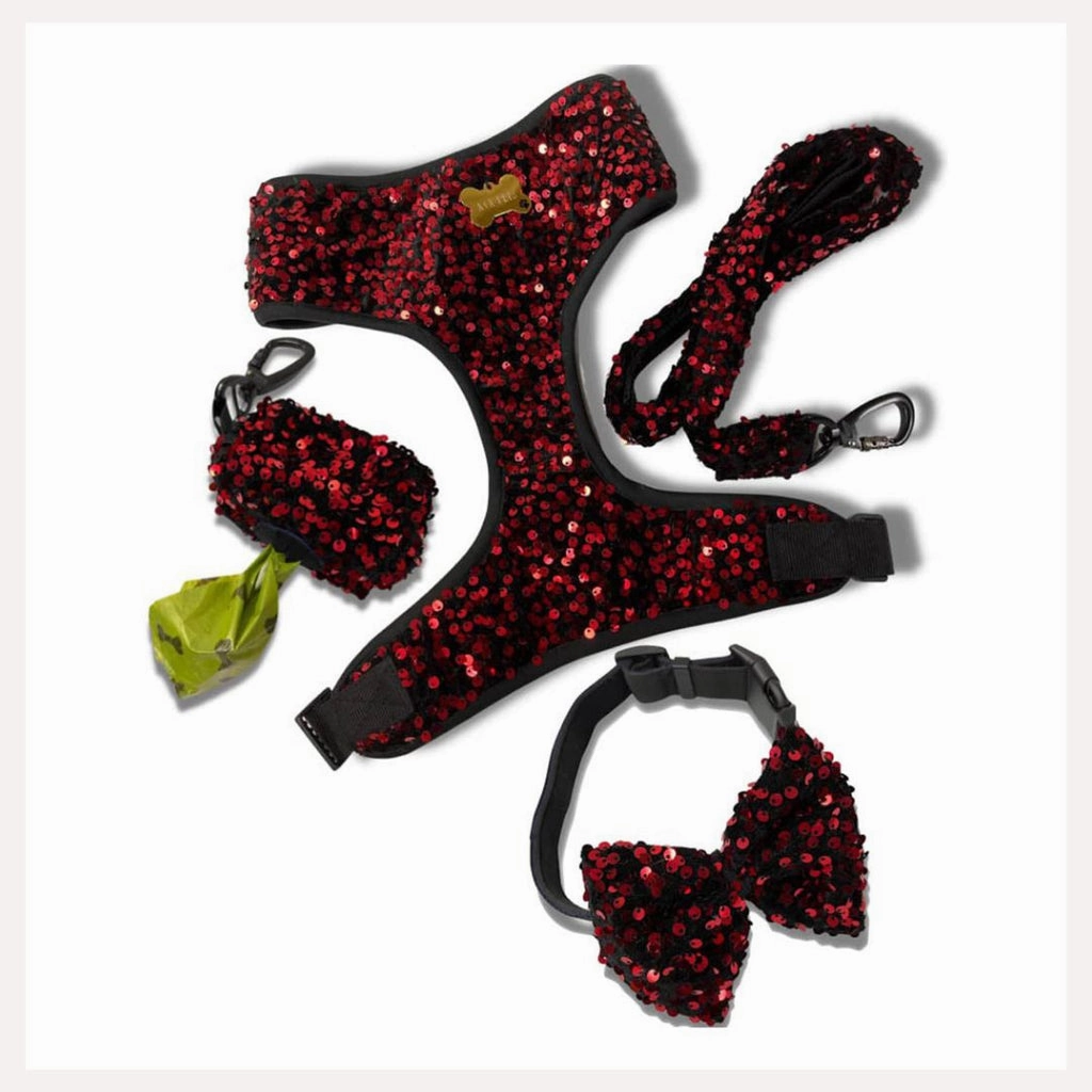 A a Pets' Sequins Set of 5- Harness, Leash, Collar, Bow & Poo Bag Pouch