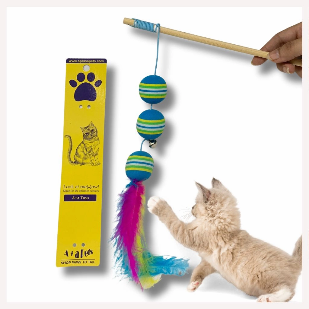 A a Pets' Wand Teaser Toy for Cats | Interactive Ball with Feathers & Bells